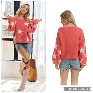 ADORA Women's Coral Red & White Star Patch Balloon Sleeve Sweater Size Small